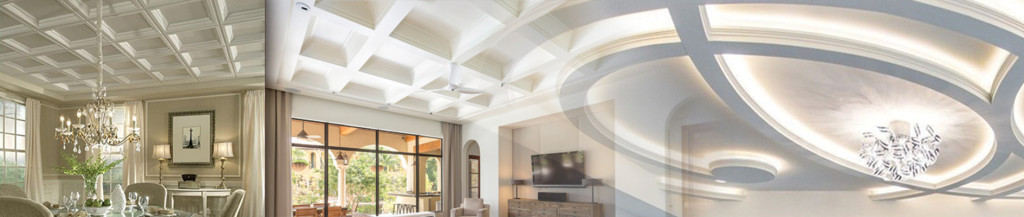 Interior spaces featuring elegant coffered ceilings in a living and dining room