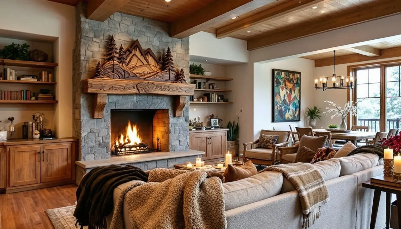 A stylish fireplace mantel that serves as a focal point in a modern living room.